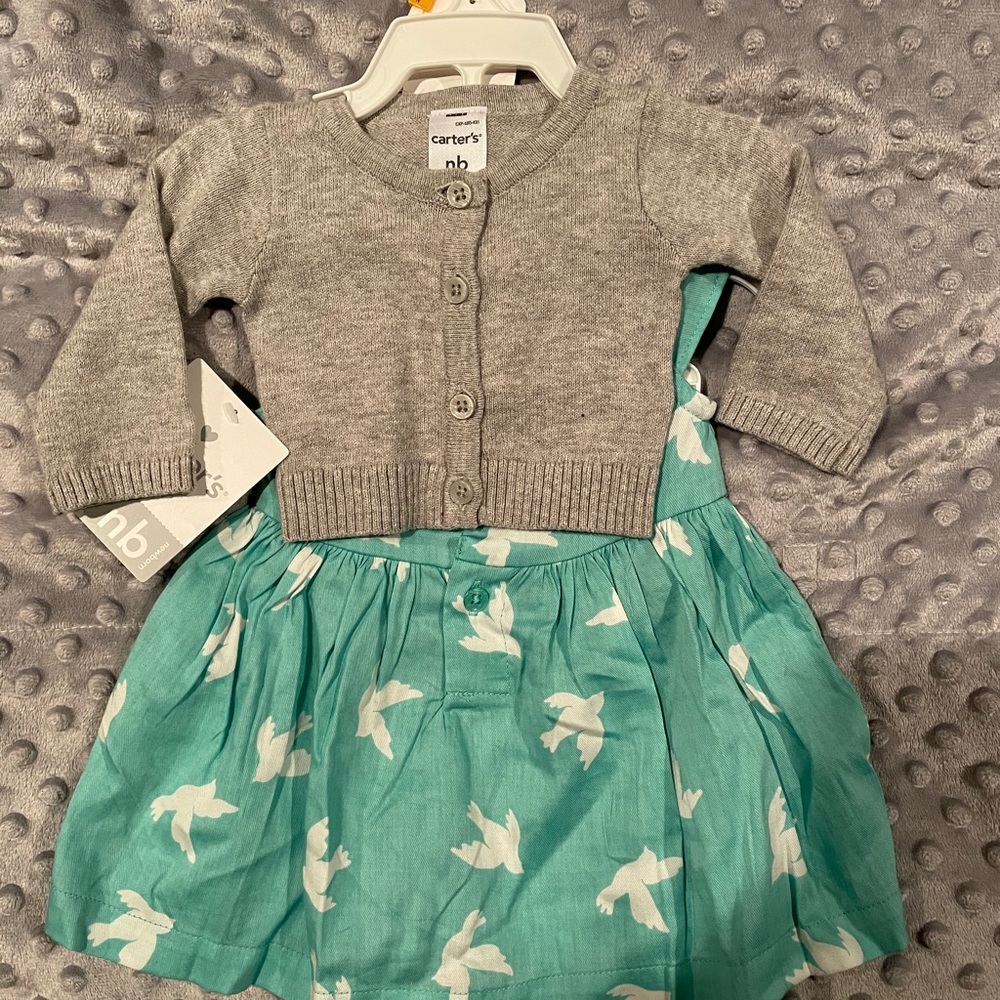 NB Dress teal w/ white doves & gray crop sweater